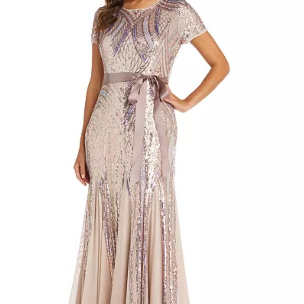 R & M Richards Rose Gold Sequin Gown Wedding Guest